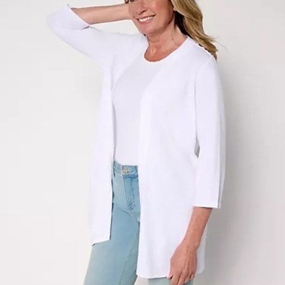 Denim & Co Petite Large White 3/4 Sleeve Slub Jersey Tunic Cardigan A694195‎
